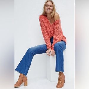 Mother the weekender high rise frayed flare jeans.